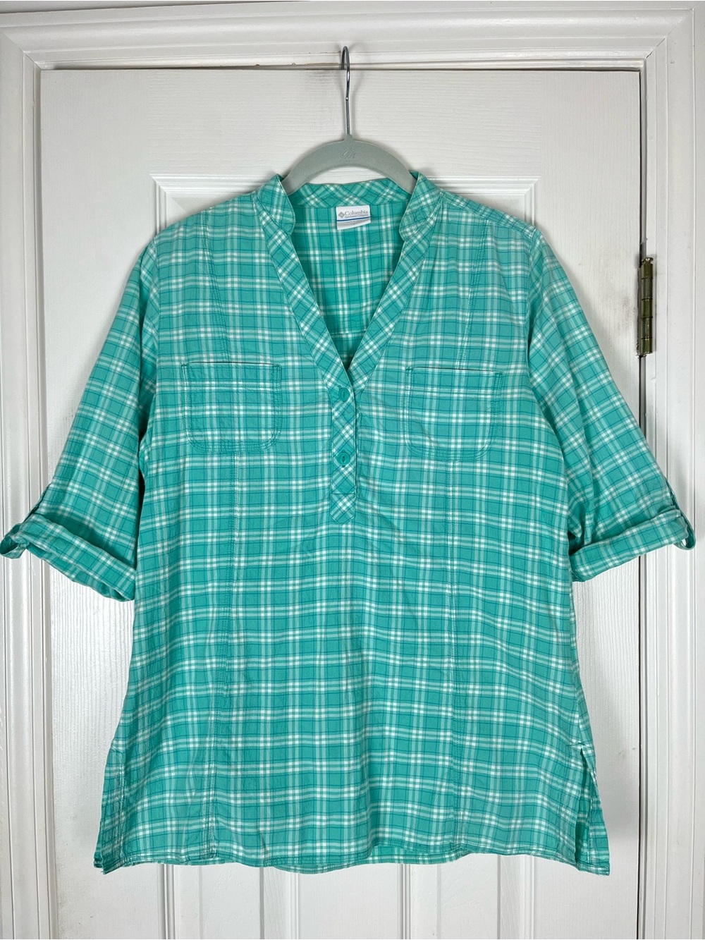 Columbia Women’s 100% Cotton Breathable Plaid Henley Tunic Top Sz S